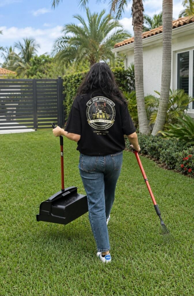 Scoop Brigade technician removing dog waste in a Broward County backyard